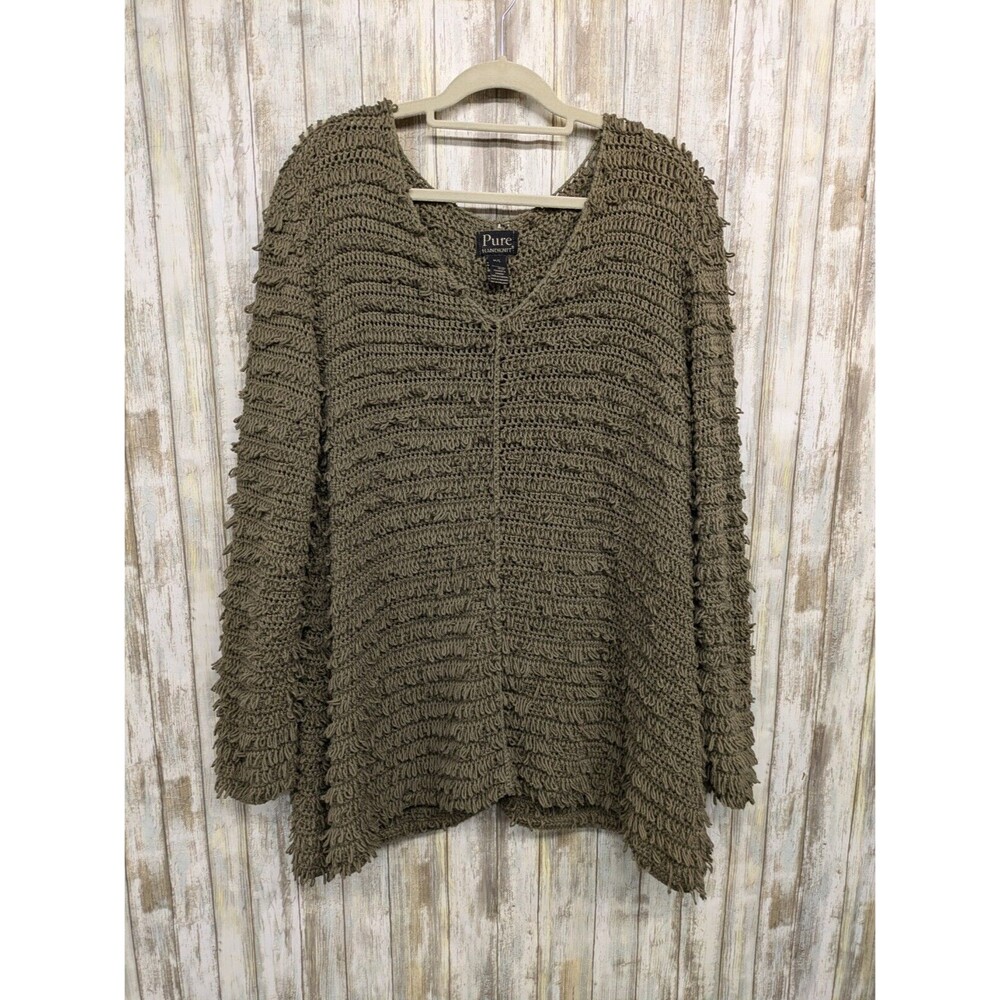 PURE HANDKNIT Cotton Olive Green Chunky Loop Fringe Open Knit Sweater M/L